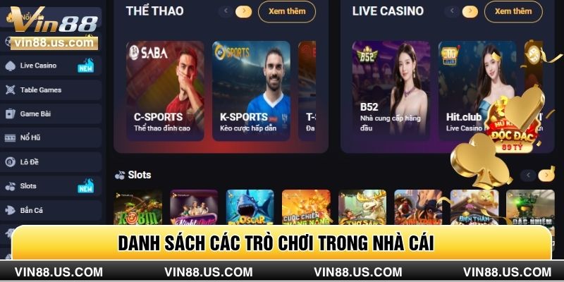 Danh sách các trò chơi trong nhà cái